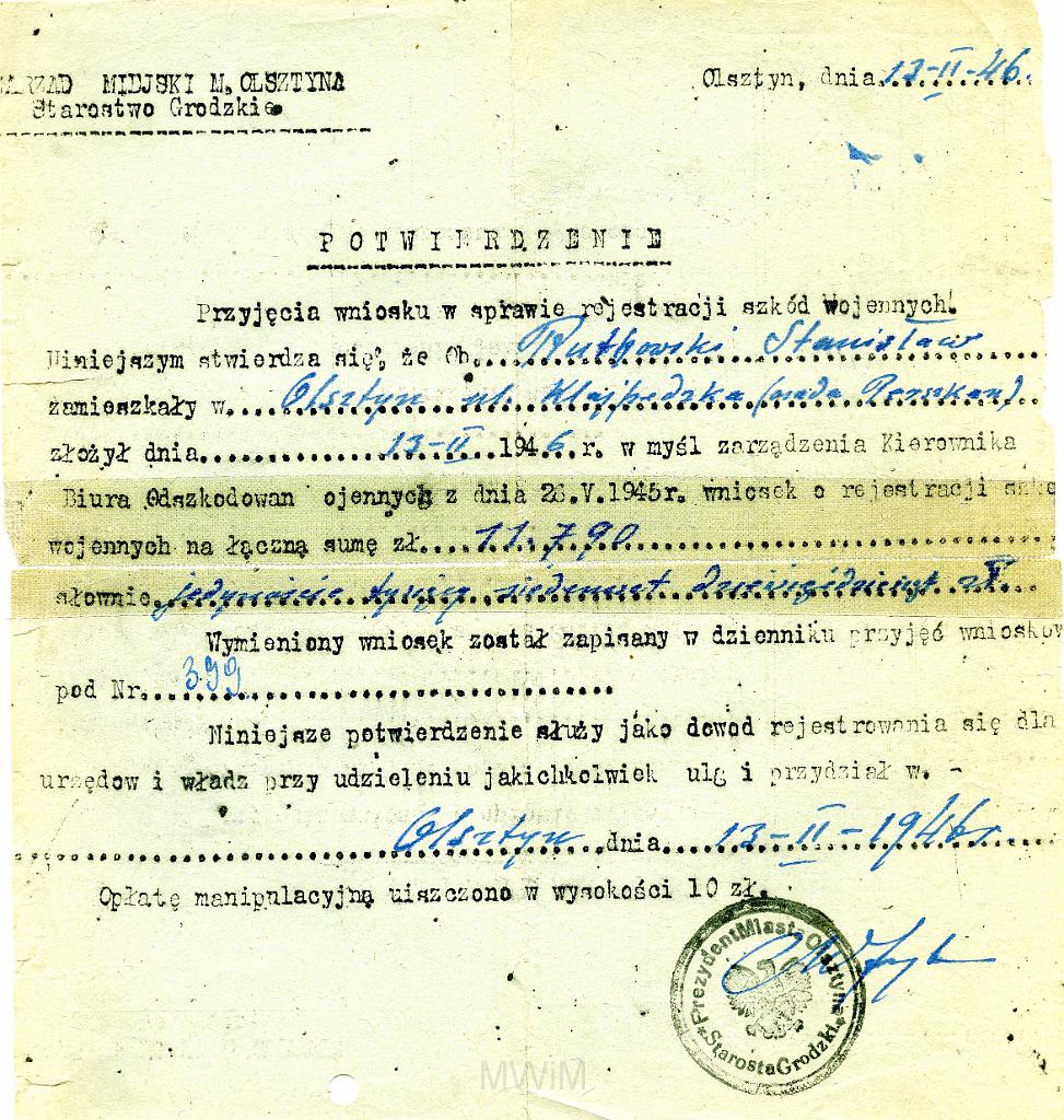 KKE 3546.jpg - Dokument . Stanisław Rutkowski - rejestracja szkód wojennych pokwitowanie, Olsztyn, 1946 r.